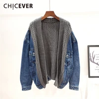 chicever patchwork jackets for women v neck long sleeve denim loose knitting coats female new clothing 2021 spring fashionable