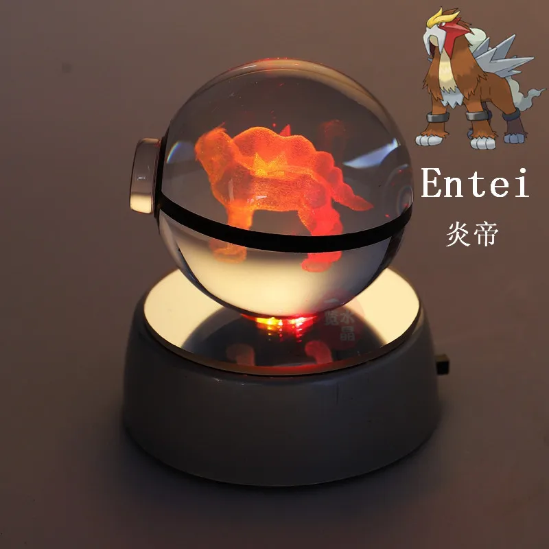 Anime Pokemon Entei 3D Crystal Ball Pokeball Anime Figures Engraving Crystal Model with LED Light Base Kids Toy ANIME GIFT