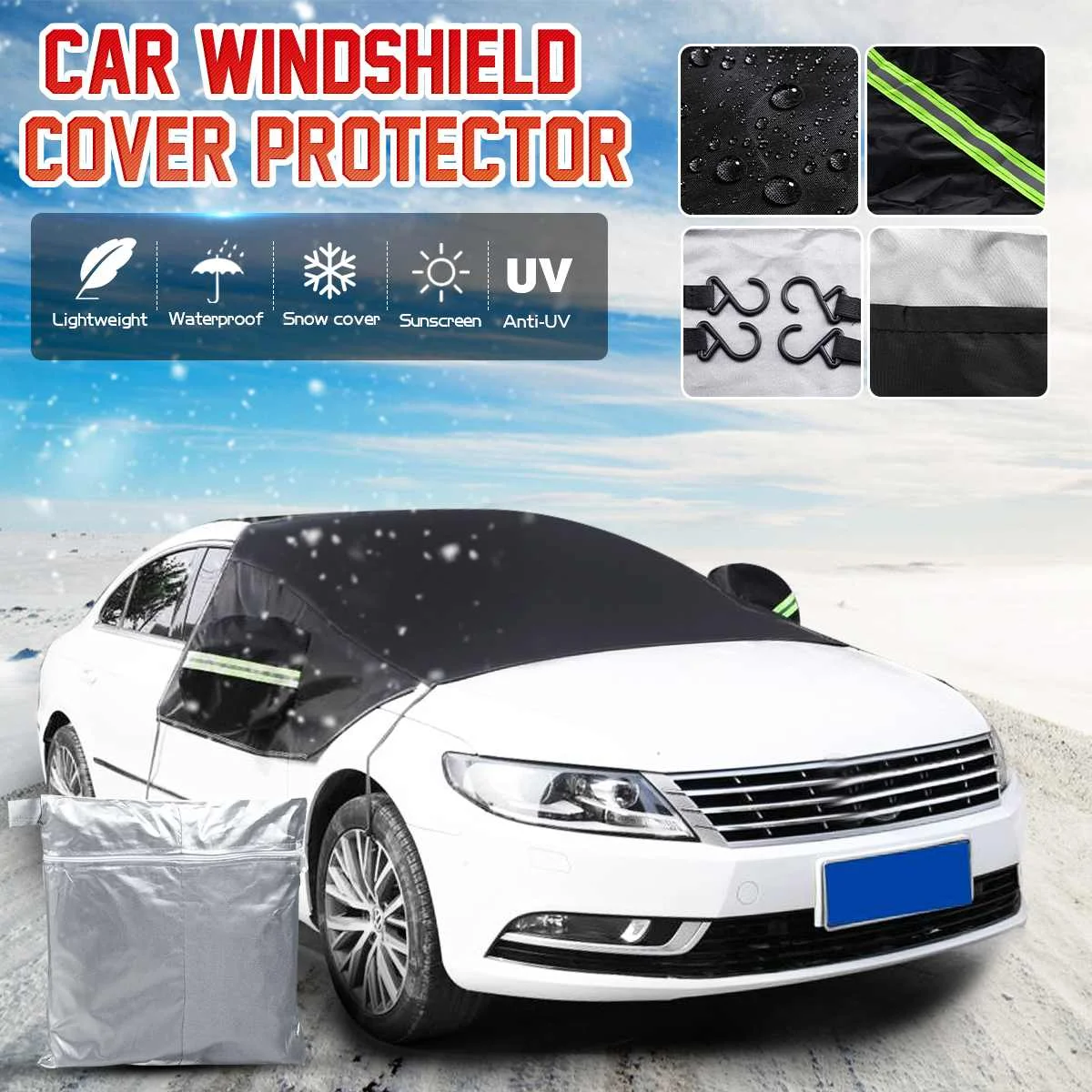 

187x280cm 210T Universal Car Front Window Windscreen Cover Heat Sunshield Snow Cover Anti UV Frost Dust Protector Black/Silver