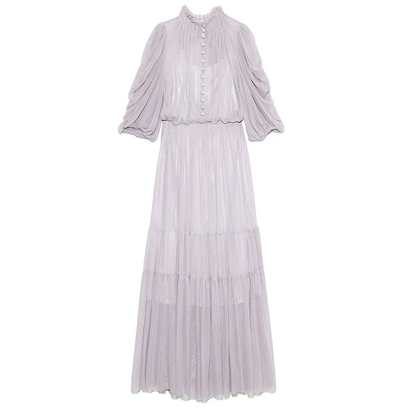 

Chic Stand Collar Puff Sleeve Pleated Dress Button Design Women Vestidos Japan Elegant Sweet Office Lady Slim Waist Solid Robe