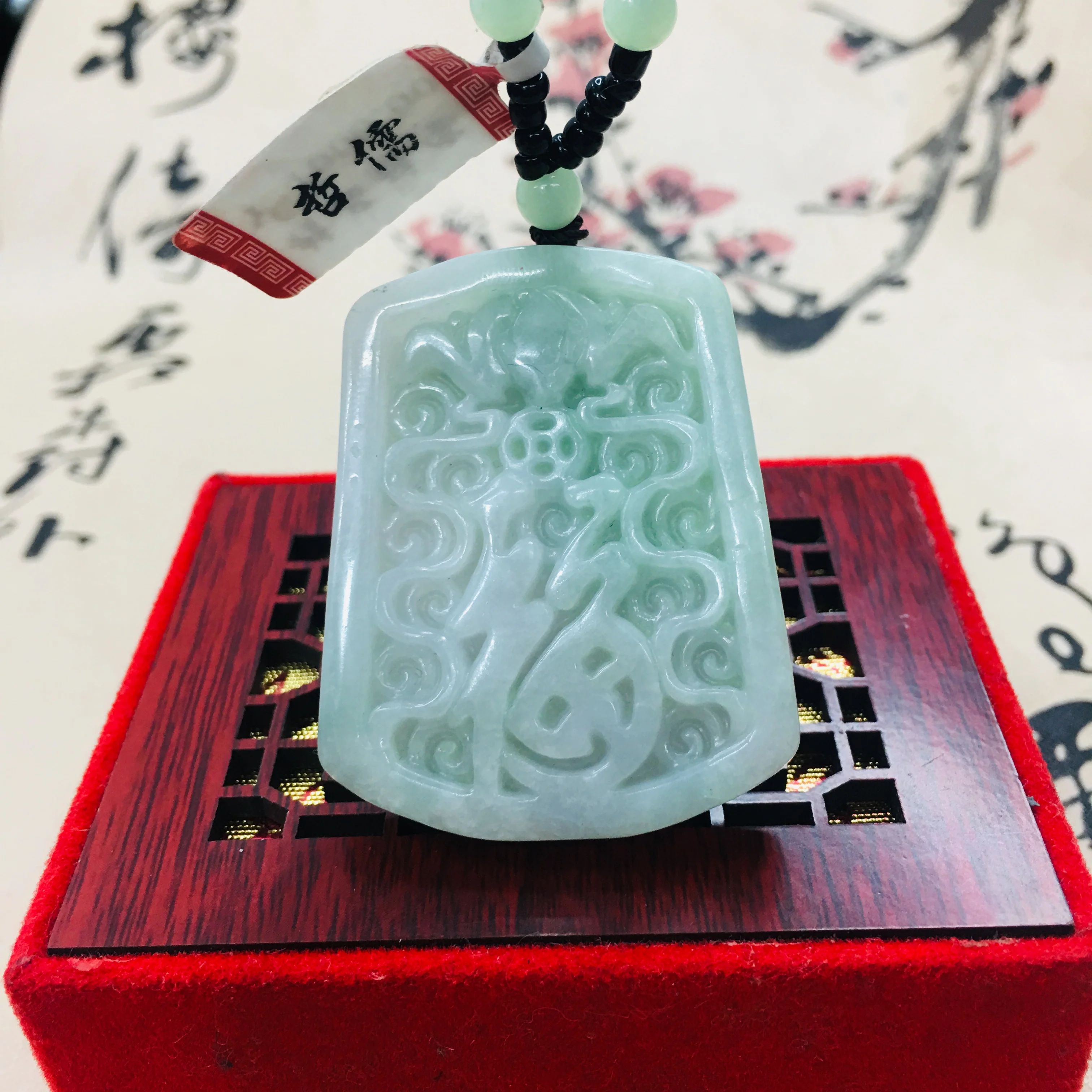 

Zheru pure natural Jadeite carved light green blessing amulet pendant with green bead chain sweater chain A certificate