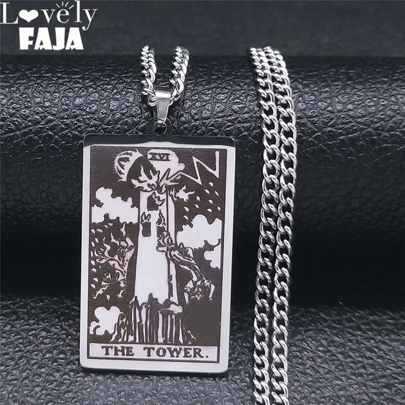 

Stainless Steel Tarot Card THE TOWER Necklace for Women/Men Silver Color Pendant Amulet Jewelry collier XH141S03