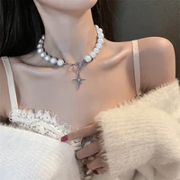 unique design titanium steel luminous pearl necklace reflective cross beaded simple clavicle chain women party jewelry gift