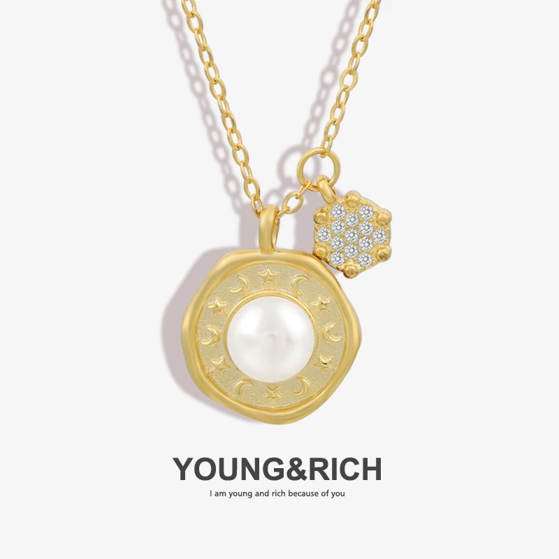 

YOUNG&RICH brand women's necklace high quality silver freshwater pearl necklace fashion trend star moon inlaid zircon chain