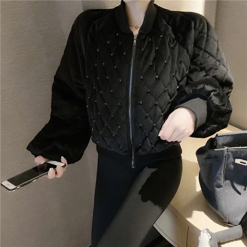 

Small Korean version of diamond baseball uniform short jacket stand collar lantern sleeve zipper beaded diamond cotton jacket