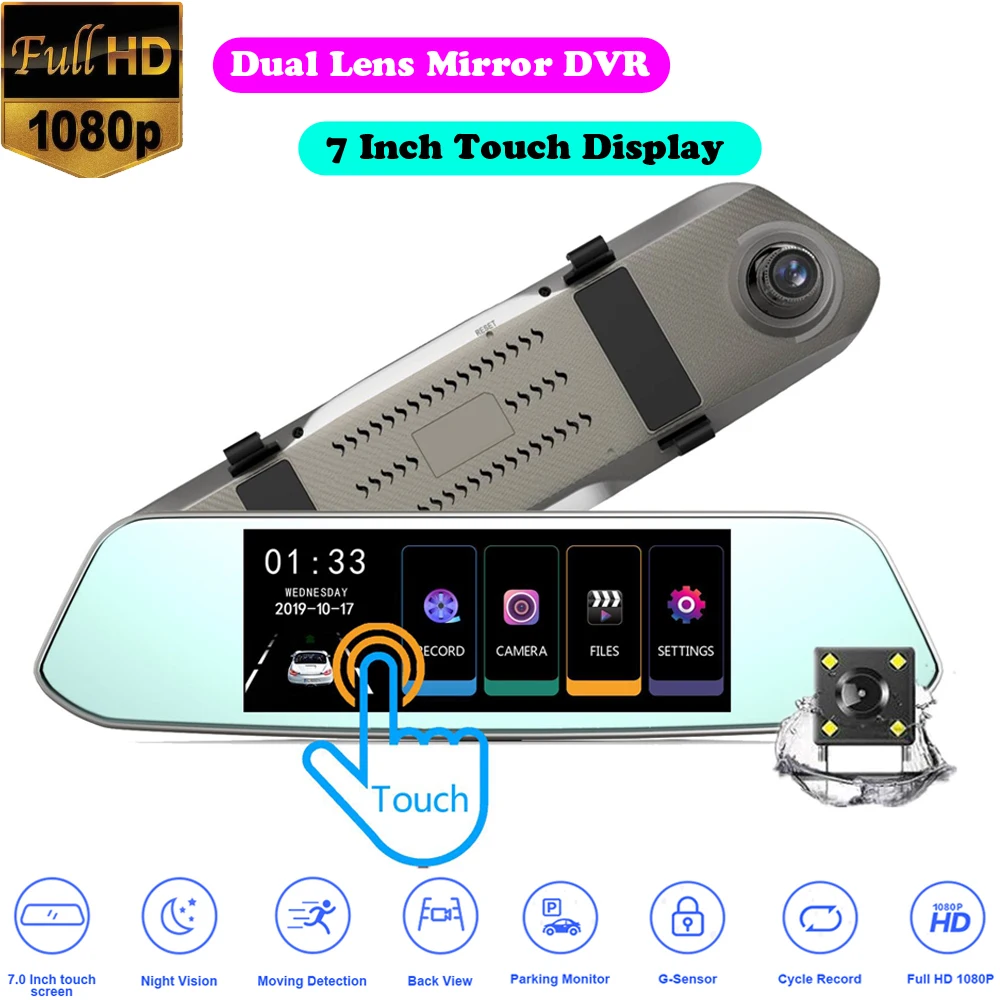 

7" IPS Touch Display Car DVR Mirror Camera Video Recorder Dual Lens Full HD 1080P Dash Cam 170 Degree WDR with Rear View Dashcam