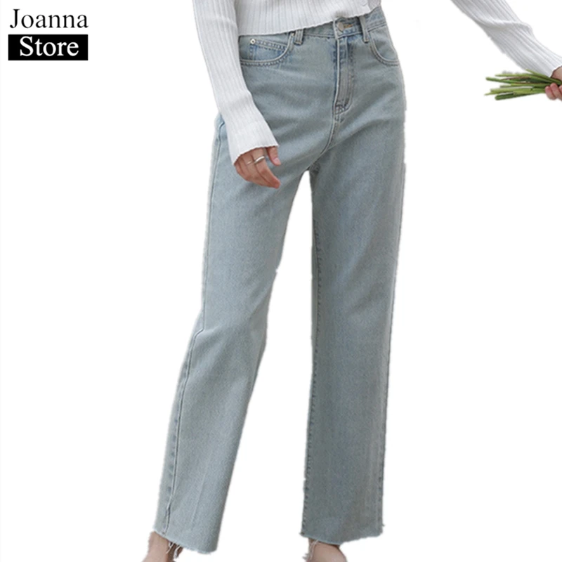 

Spring New Cotton Straight Denim Nine-points Pants Women High Waist Burr Loose Jeans Blue Casual Wild Plus Size Trousers Female