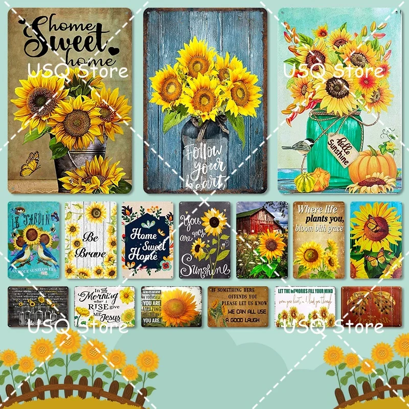 

Home Sweet Home Sunflower Vintage Tin Signs Metal Posters Wall Signs For Kitchen Farm Bar Wall Decor 8 x 12 Inches