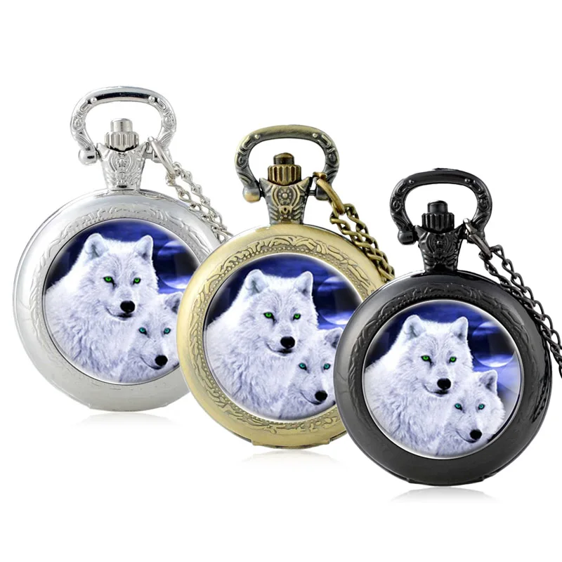 

Classic White Wolf Head Design Glass Cabochon Quartz Pocket Watch Vintage Men Women Pendant Necklace Chain Clock