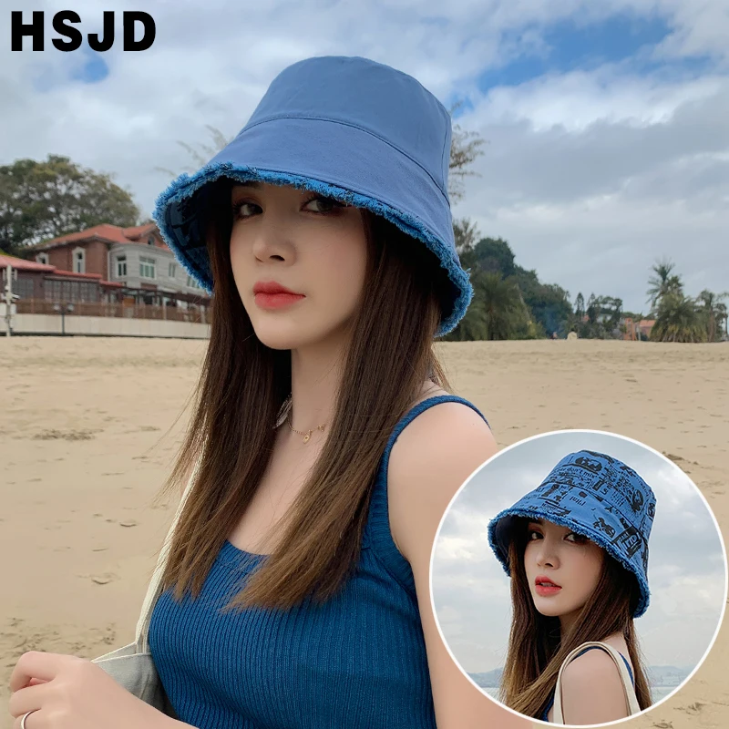 Summer Women Double Sided Sun Hats Retro Newspaper Print Bucket Hat Fold Burrs Wide Brim Floppy Panama Fisherman Caps Hip Hop
