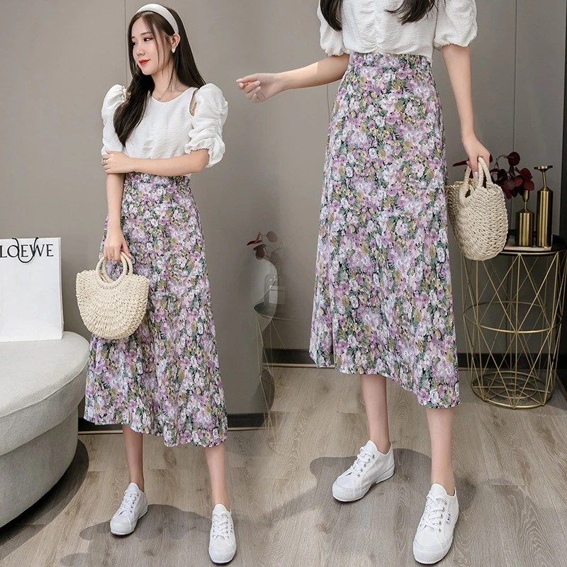 

Floral Women Chiffon Spring Summer New Vintage Midi Long Korean Flower Elastic High Waist Lady Elegant Skirts