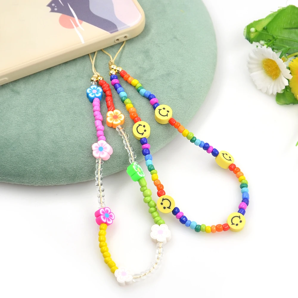 

2PCS/Lot Flower Beaded Chain For Phone Lanyard Women's Wristband Jewelry Fashion Colorful Smiley Beads Phone Holder Wholesale