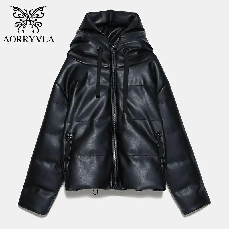 Женская зимняя куртка AORRYVLA 2019 черные пальто из искусственной кожи с капюшоном