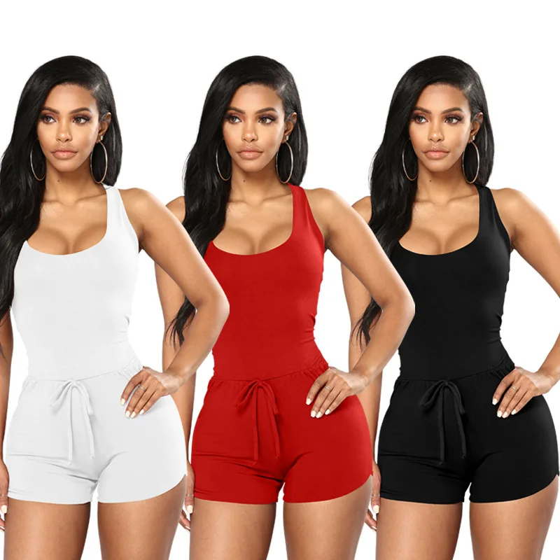 

Wantmove 2021 Summer Women's Rompers New Lace Up Sleeveless Tank Slim Hot Shorts Bodycon Casual Jumpsuits AM685