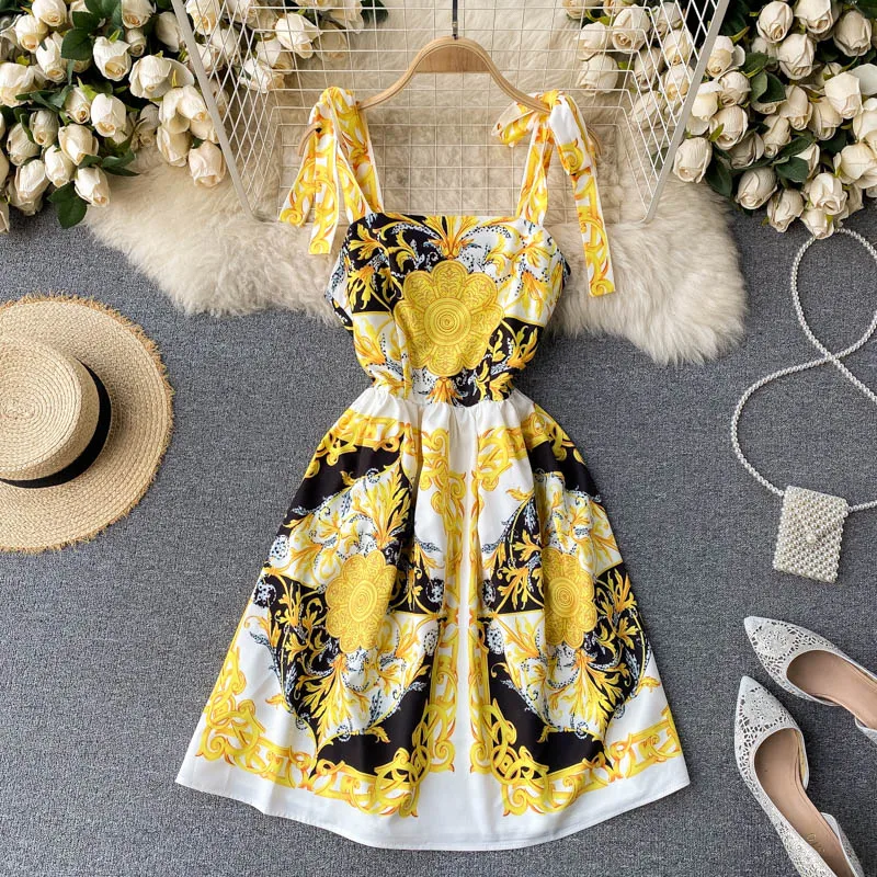 

Women Summer Floral Bow Camis Dress Korean Square Collar Sleeveless A-line Dresses Boho Print Vacation Backless Dress