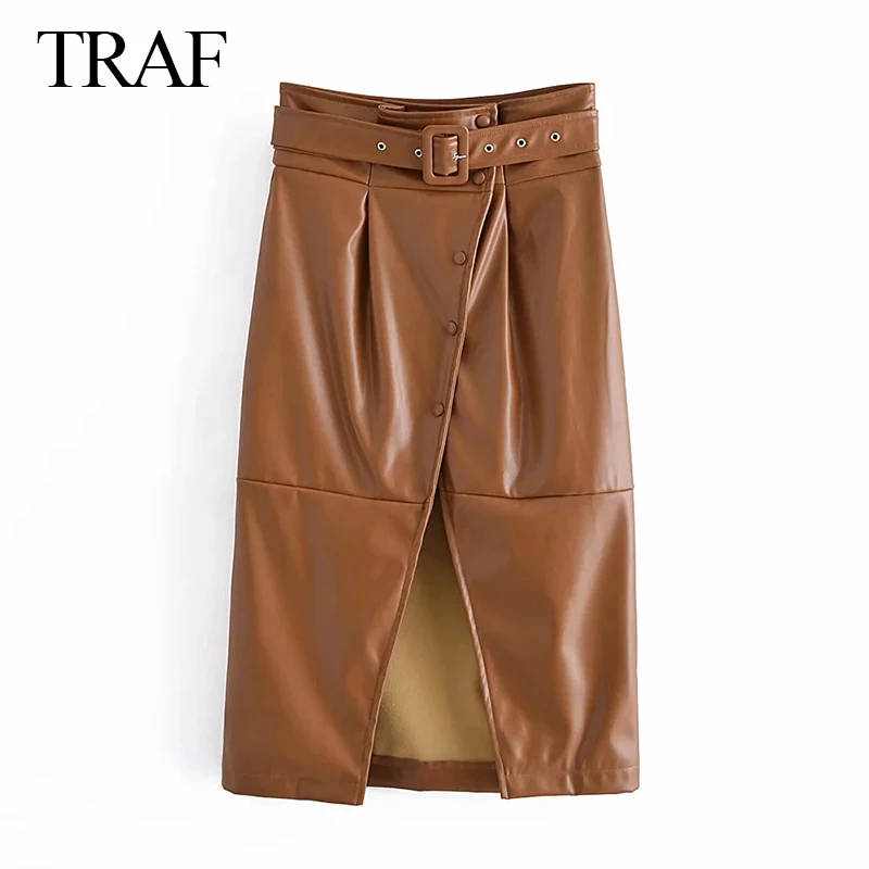 

Женская одежда FAKUNTN из искусственной кожи средней длины, Осень-зима 2021, Женские винтажные модные юбки-футляры с высокой талией