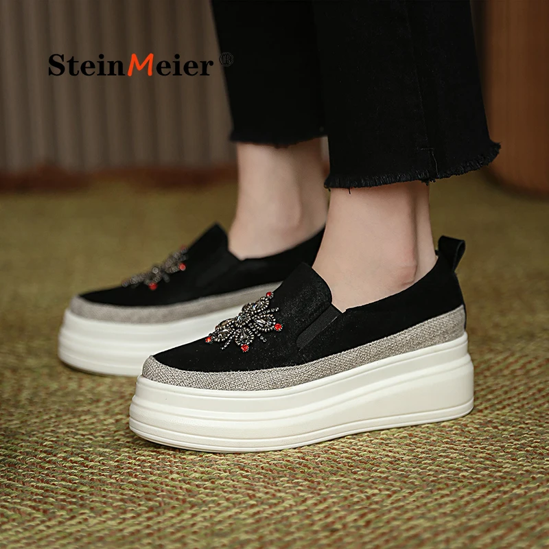 

2021 Thick Bottom Genuine Leather Increased Platform Loafers Crystal Breathable Sneaker Casual Shoes Women Vulcanized Shoes