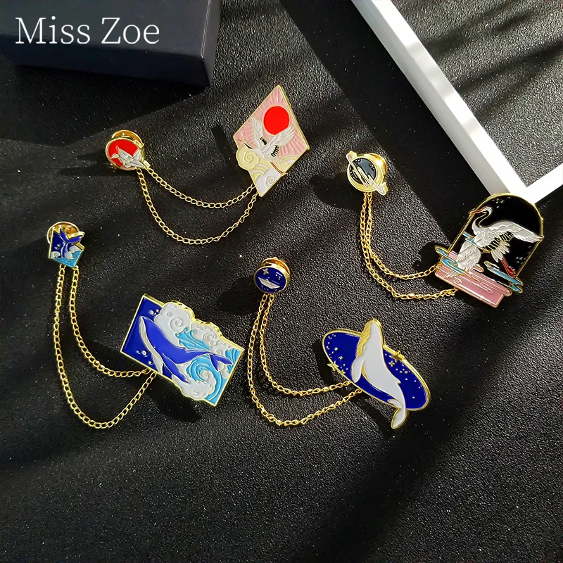 

Whale Double Chain Tassel Enamel Pin With Crane Brooches Sea Wave Space Whale Sun Brooches Sea Ocean Fish Jewelry For Men Womens