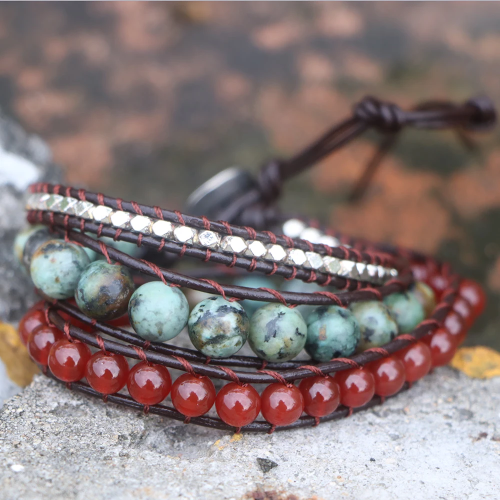 Женский кожаный браслет EDOTHALIA стильный из красного оникса и Африканской