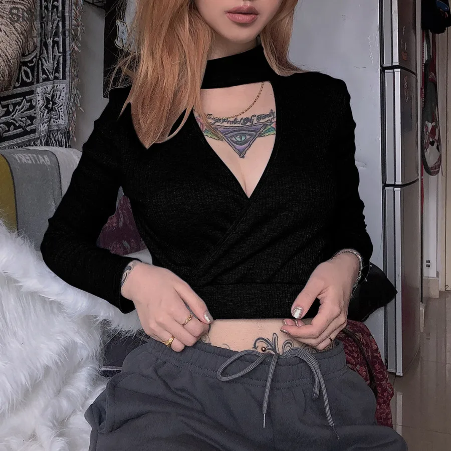 Sisterlinda, сексуальный свитер с глубоким v-образным вырезом, Женский пуловер Harajuku, Одноцветный кроп Топ, модный тонкий эластичный свитер, новинка, хит, Mujer
