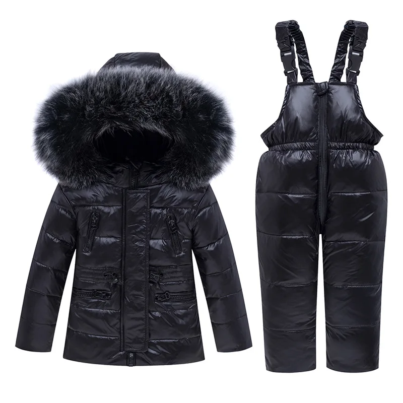 

-30 Degree Winter Kids Clothing Sets Fur Collar Down Coats + Overalls Children Warm Snowsuit for Girls & Boys 1-5 Years
