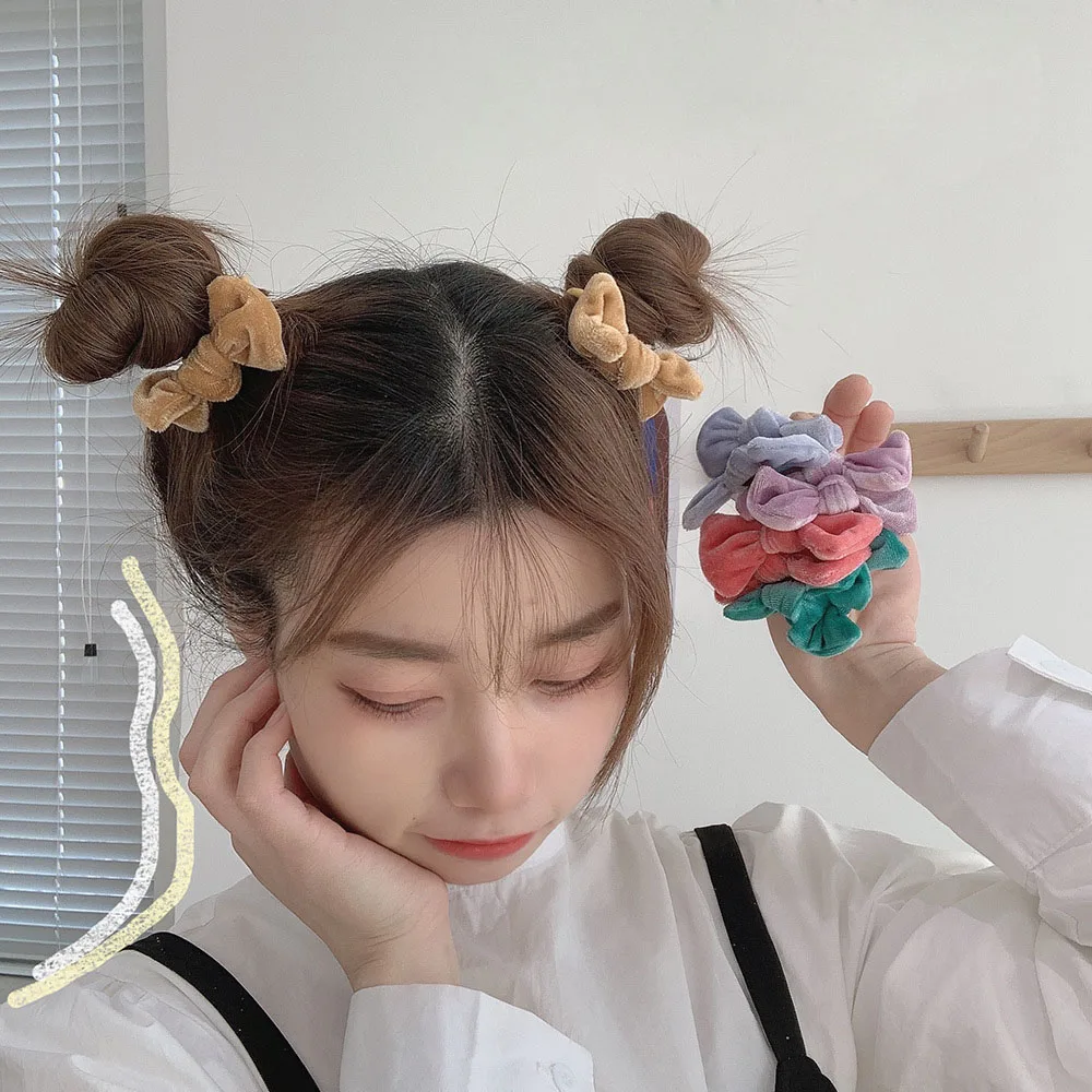 

2 Pcs 2021 Velvet Bow Hair Rope Girl Sweet Color Hair Rope French Elegant Candy Color Children Korean Style Hair Ring