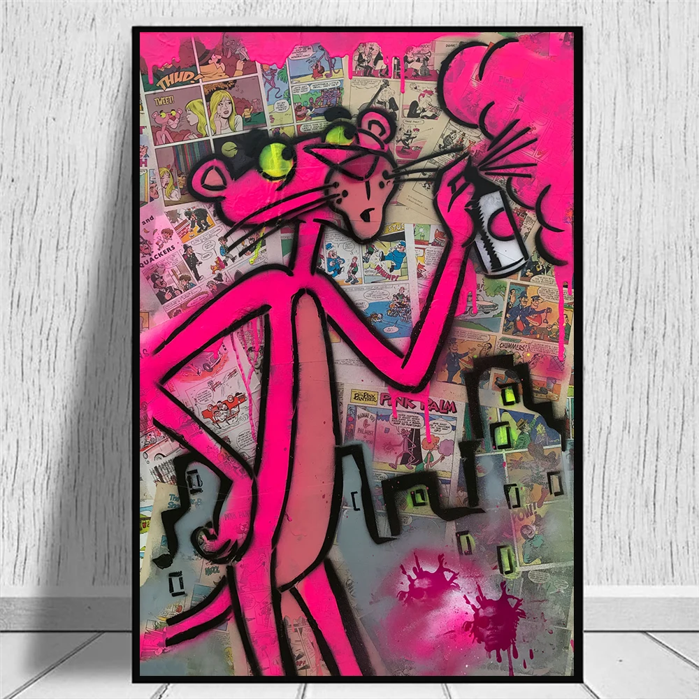 

Graffitti Street Art Canvas Poster and Prints Pink Leopard Animal Pop Cartoon Painting Wall Spray Can Panther Picture Home Decor