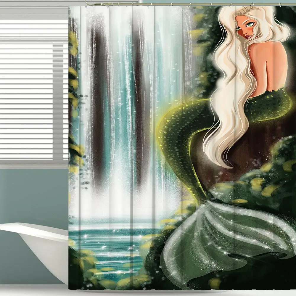 

Сказочная душевая занавеска s, мультяшная занавеска в стиле «русалка», водонепроницаемая занавеска для ванной из полиэстера с 12 крючками