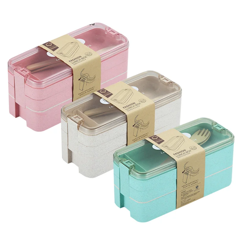 

1L Healthy Material Lunch Box 3 Layer Wheat Straw Bento Boxes Microwave Dinnerware Food Storage Container Lunchbox Spoon Fork