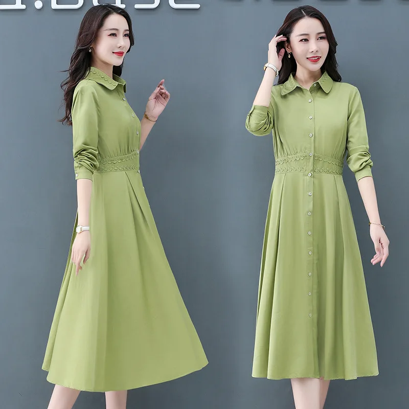 Женское платье с длинным рукавом Кружевное платье-рубашка средней длины