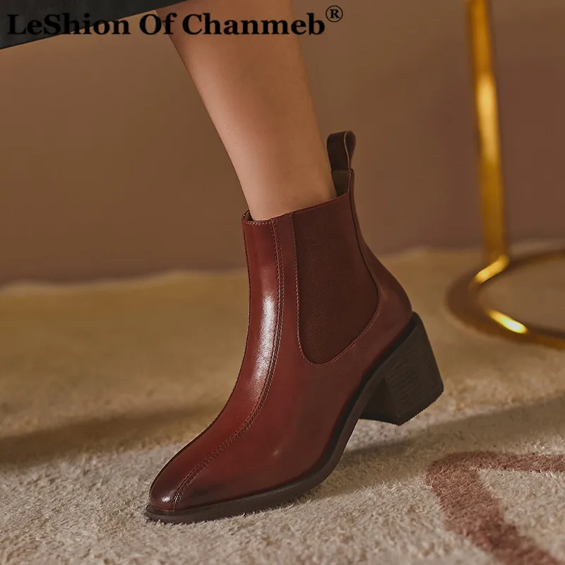 

Top Quality Natural Leather Chelsea Boots Women High Square Block Heels Elastic Cow Leather Boots for Ladies Woman Autumn Shoes
