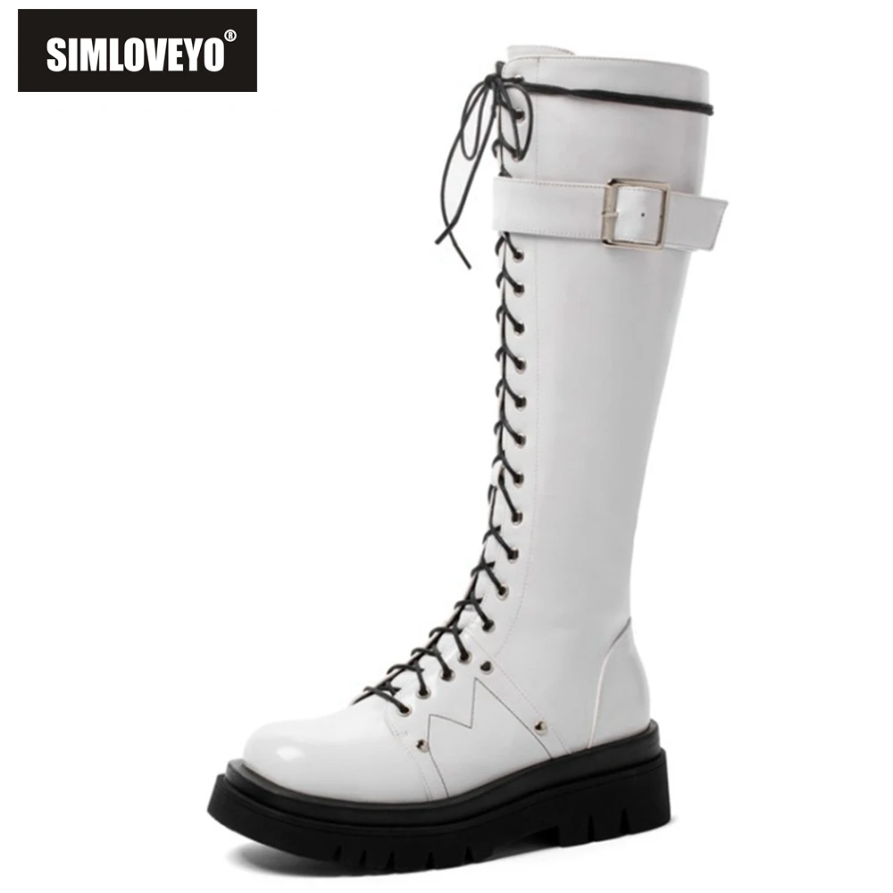 

SIMLOVEYO Hot Women Knee High Riding Knight Boots Buckle Lace Up Rivet Chunky Platform Military Combat Motorcycle Long Boots 43