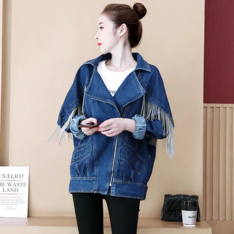 Женская джинсовая куртка повседневная синяя ковбойская свободного покроя с