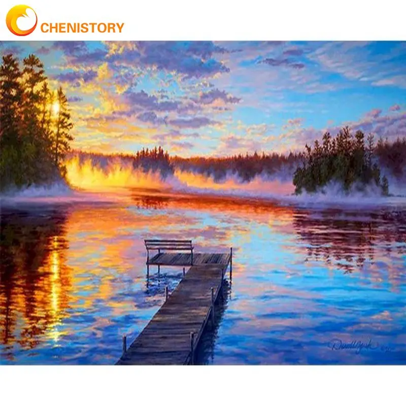 

CHENISTORY 60x75cm DIY Frame Painting By Number Kits Lake boat Picture Drawing Coloring By Numbers Acrylic Paint For Home Decors