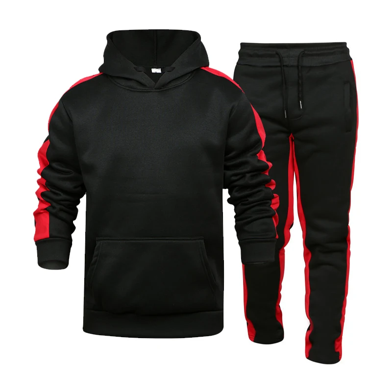

Autumn Winter Men's New Splicing Solid Color Sweatshirt + Sweatpants Two-Piece Warm Hoodie Fashion All-Match Casual Suit