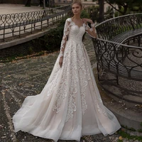 elegant lace applique a line wedding dresses scoop neck long sleeve sweep train tulle bridal gowns vestido de novia
