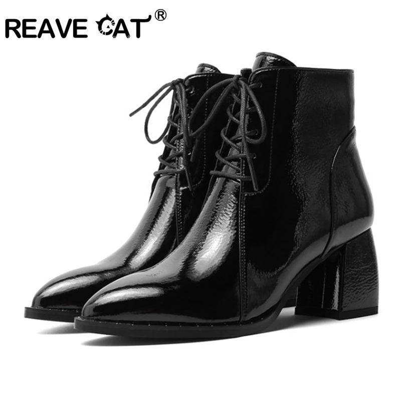 

ORCHALISA Women Genuine Leather Square Heel Ankle Boots Pointed Toe Patent Leather Strap Designer Brand Big Size 42 Black S2312