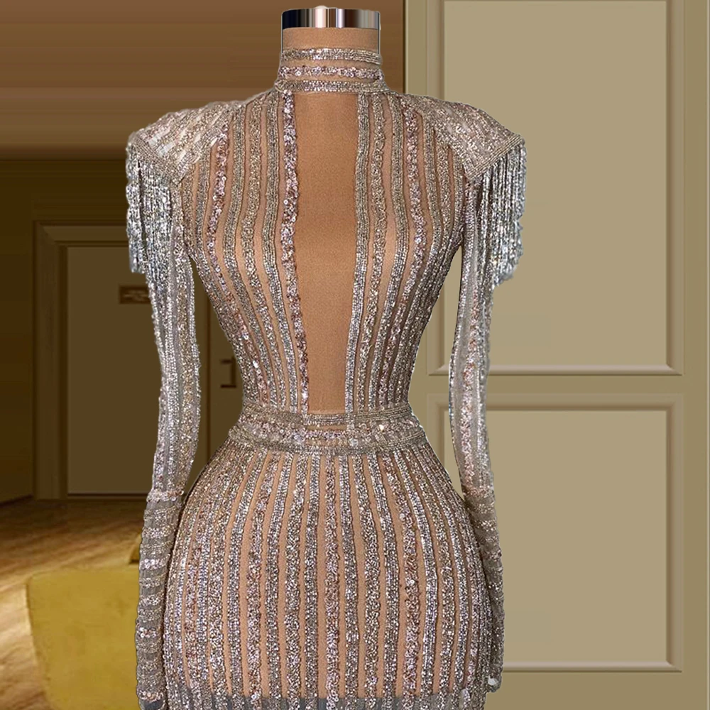 Glitter Long Sleeves Prom Dresses High Neck Tassels Dubai Wedding Party Dress robe anniversaire femme