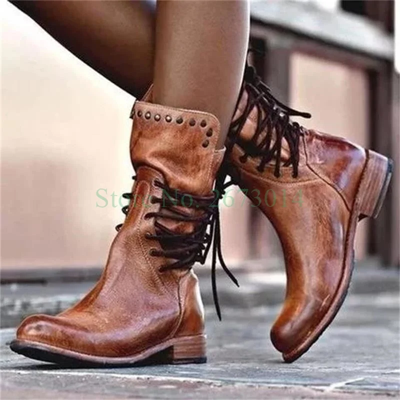 

Selling 2022 Women Colorblock Knight Boots Ankle Rivet Boots PU Low Square Heel Boots Round Toe Side Lace up Boots