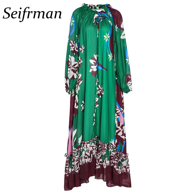 

Seifrmann Women Summer Fashion DesignerHoliday Maxi Dress Long Sleeve Bow Vintage Printed Ladies Loose A-Line Long Dresses 2021