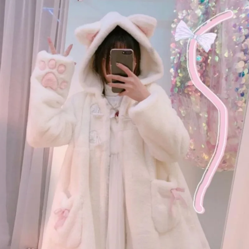 

Winter Jacket Women Lolita Fleece-lined Thickened Girl Soft Fabric Kawaii Cat Ear Hat Claw Cute Plush White Coat Youthful Parka
