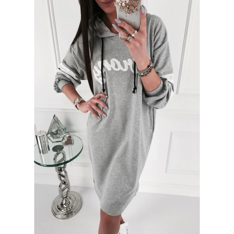 Новое Повседневное платье с капюшоном Vestidos длинный свитер буквенным принтом