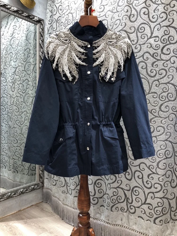 

Jacket 2021 100%Cotton Autumn Winter Outerwear Coat Women Hand Made Beading Deco Long Sleeve Blue Green Loose Coat Casual Ladies