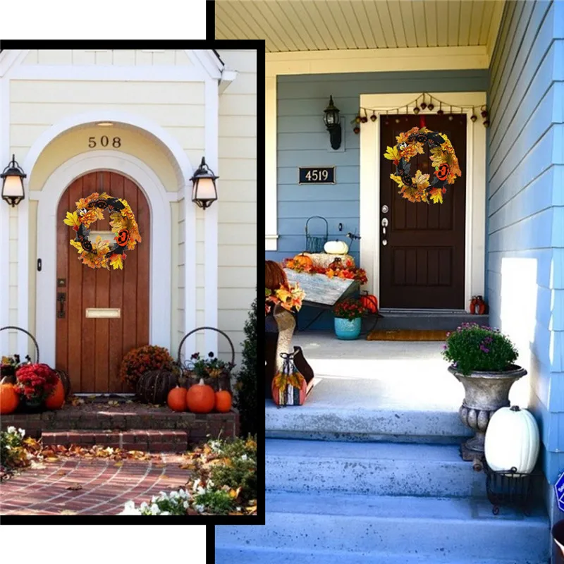 

Autumn Maple Leaf Pumpkin Berry Wreath Diconna Halloween Door Home LED Decor Party DIY Pumpkin Light Bulk Decoration
