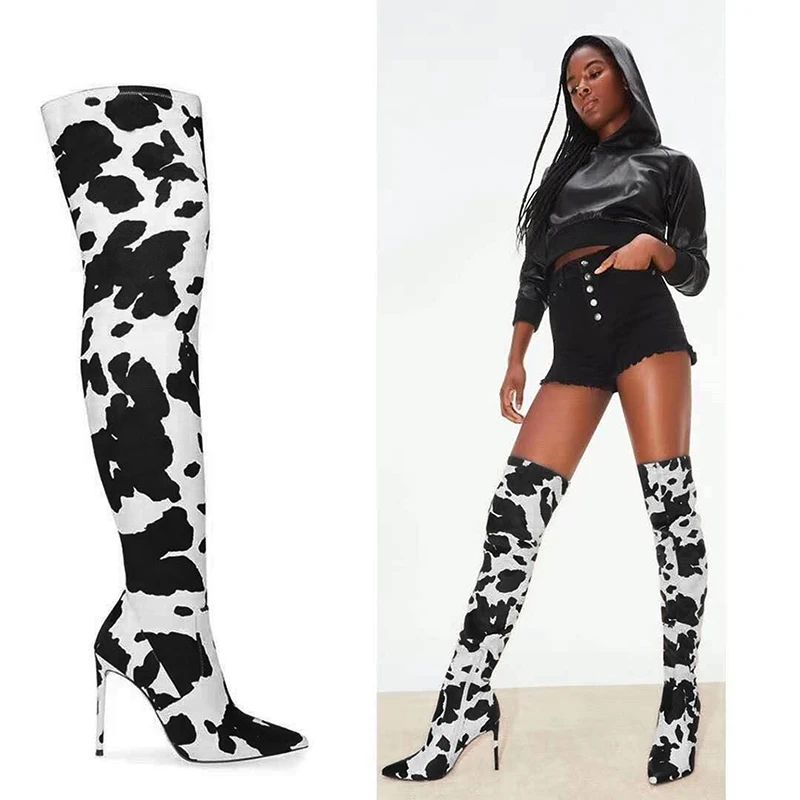 

Cow Leopard Long Boots Women High Heel Boot Pointed Toe Sexy club Shoes Thigh High Over-the-Knee Boots