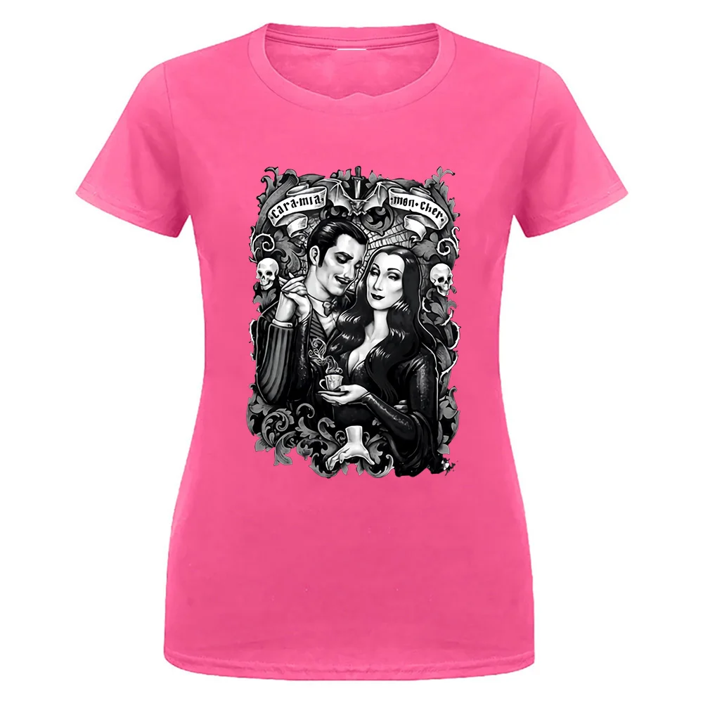 women pink Черная футболка Cara My Mon Cher Morticia And Gomez The Addams family Horror футболка с фигурным рисунком - Цвет: women pink