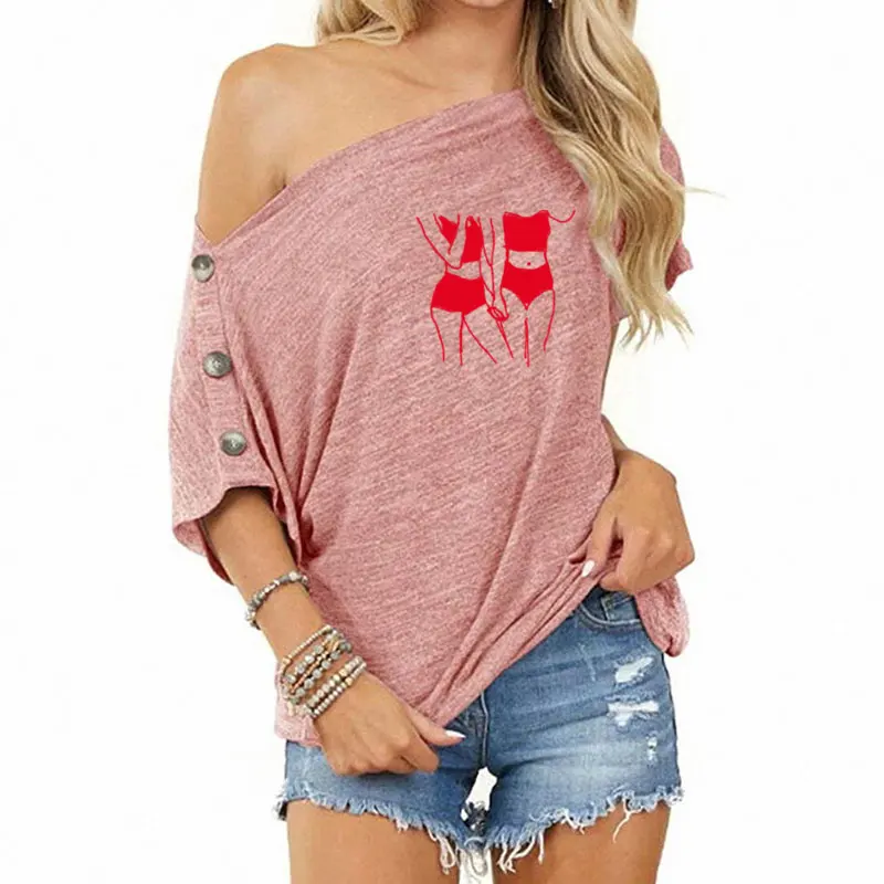 

Забавные с принтом букв с коротким рукавом хлопковая индивидуальная любовь с гордостью женщин сексуальный топ свободного кроя, с пуговицам...