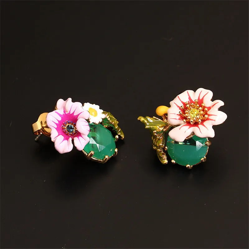 

New trend fresh enamel glaze flower asymmetric two-tone crystal inlaid gold-plated Stud earrings personalized fashion earrings