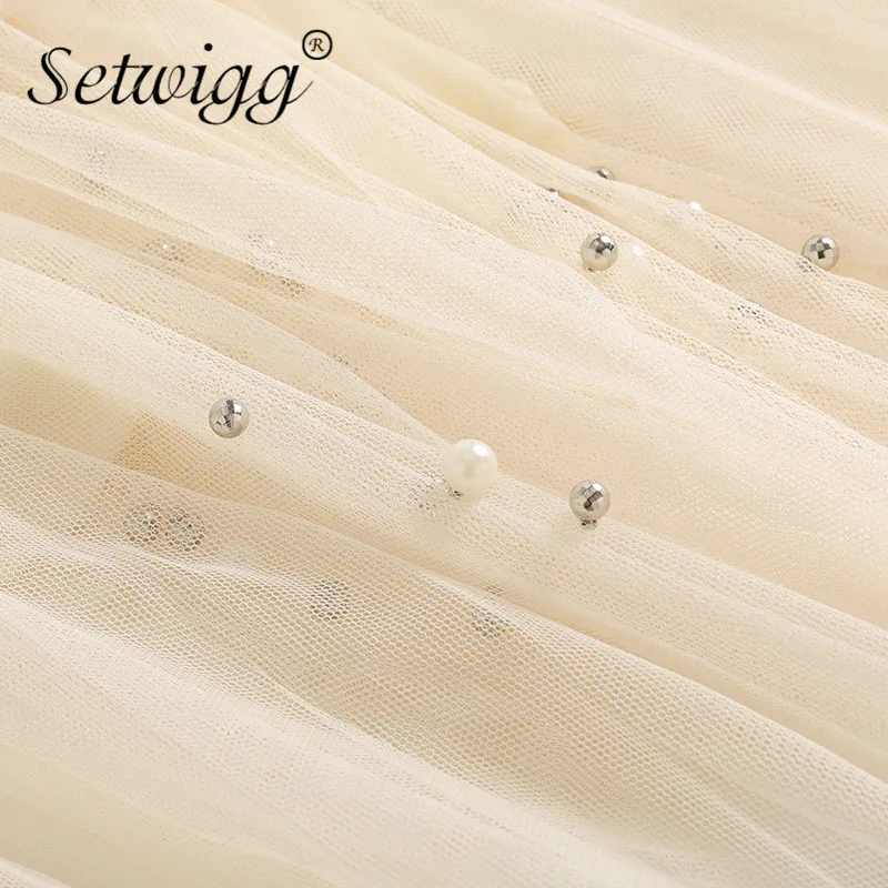 

SETWIGG 2018 Spring Sweet Beaded 3-layer Tulle Patchwork A-line Long Skirts Lolita Flounced Lace Mesh Pleated Mid-calf Skirts