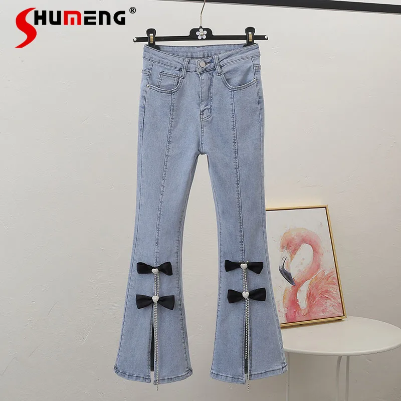 

2021 Spring Summer New Slit Boot-Cut Fashion Bowknot Ladies Denim Pants Stretchy Slim-Fit High Waist Ankle-Length Women Jeans